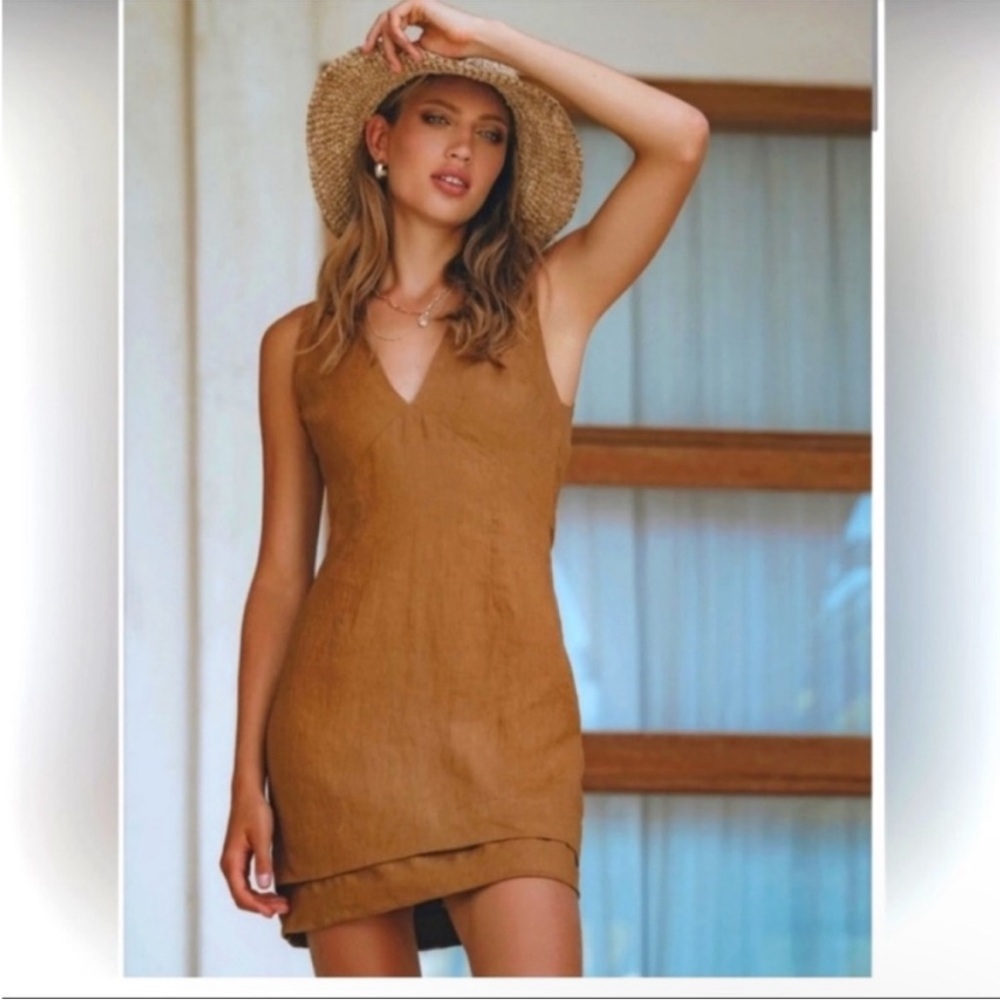 Pampelone Italian Linen Augustine Tan Mini Dress